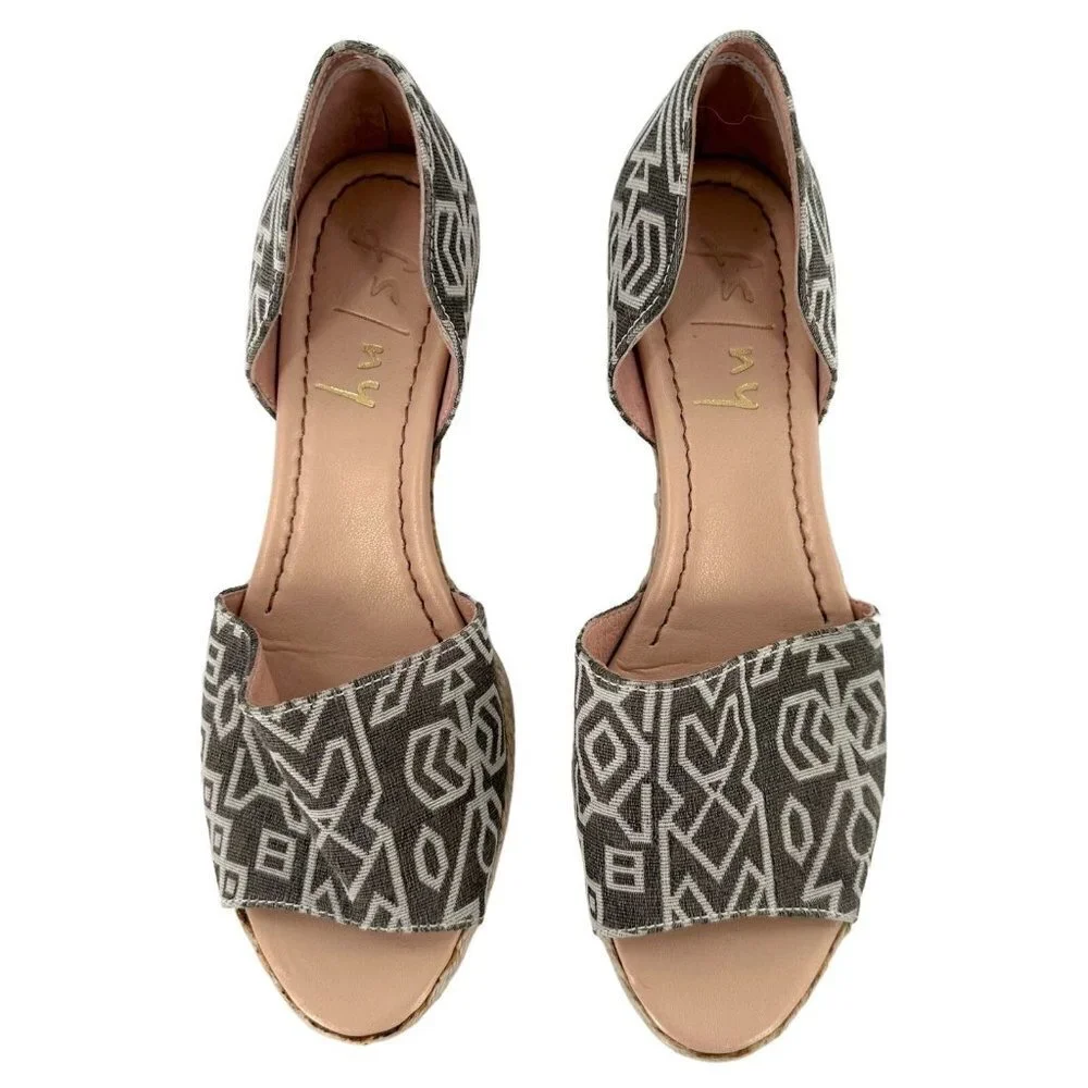 FS/NY Rapture Gray Geometric Print Canvas Open Toe Wedge Espadrilles Size 7